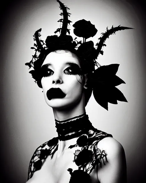 Image similar to dreamy surreal poetic black and white photo of a beautiful young female-cyborg-vegetal with a very long neck and a super big gothic lace collar filled with dead flies and a very high big floral crown with many black dry roses by Vivienne Westwood:: smoke, high fashion, haute couture, rococo, avant-garde, elegant, dreamy, hyper realistic, 150 mm lens, soft rim light, octane render, unreal engine, picture was taken in 1910 by Dora Maar, volumetric lighting, dramatic light,8k,