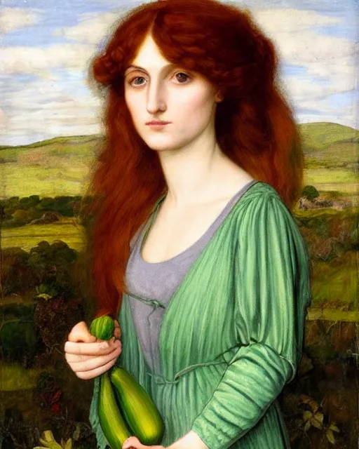 Prompt: Pre-Raphaelite portrait of a young, beautiful woman with blond hair and grey eyes holding a courgette