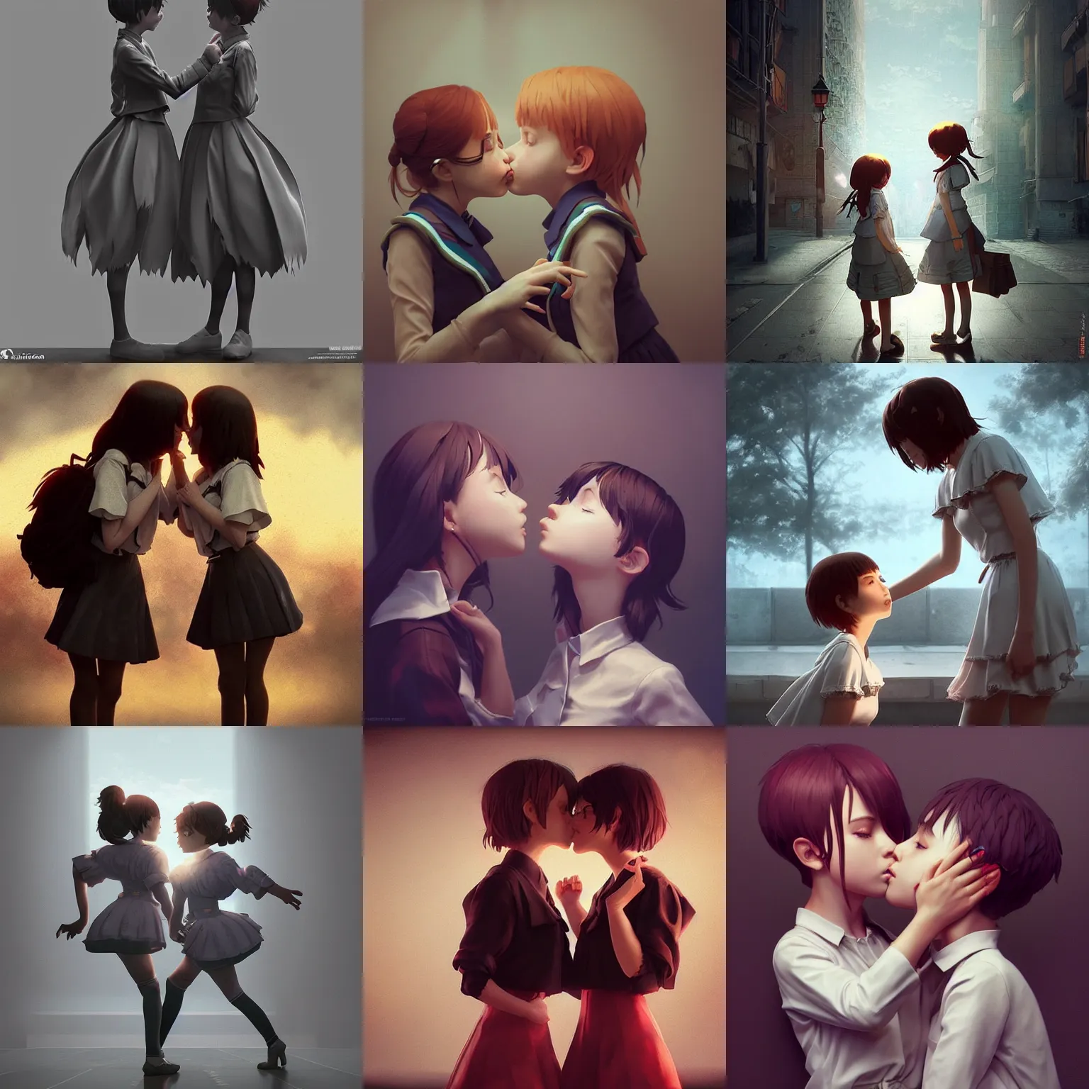 Prompt: instagram photo. insanely detailed. by wlop, ilya kuvshinov, krenz cushart, greg rutkowski, pixiv. zbrush sculpt, octane, maya, houdini, vfx. two schoolgirls kiss. cinematic dramatic atmosphere, sharp focus, volumetric lighting