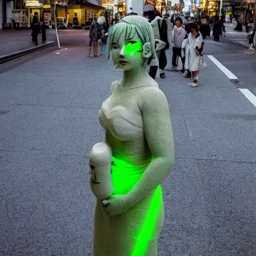 Image similar to everyone on the streets of japan suddenly turned into stone statues, the situation was eerie and silent dr. stone film footage, with green light effect from above