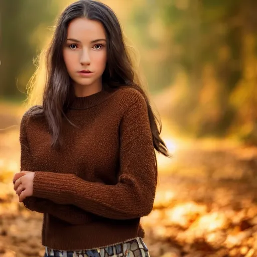 Prompt: real life photo of a beautiful girl, full body photoshoot, long brown hair, brown eyes, full round face, short smile, dark brown sweater, forest setting, cinematic lightning, medium shot, mid - shot, highly detailed, trending on artstation, unreal engine 4 k, 8 0 mm, 8 5 mm, cinematic wallpaper