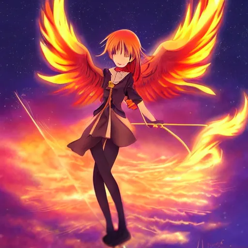Prompt: anime girl phoenix shooting a flaming arrow into a starry sky, anime art, highly detailed