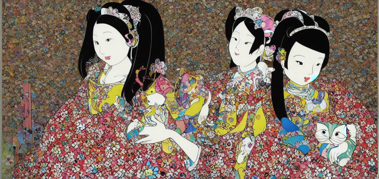 Prompt: a portrait of a princess in the castle with her cat by takashi murakami