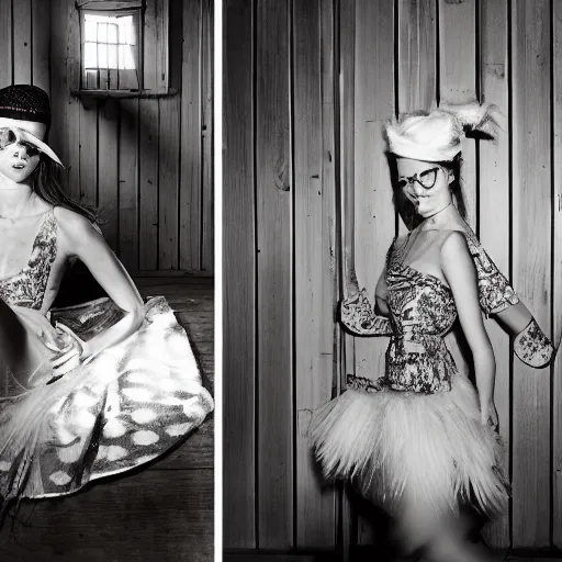 Image similar to medium format photograph of a surreal fashion shoot in a log cabin, camera flash