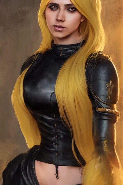 Prompt: girl with yellow hair in a black leather dress in a medieval city, digital art, character art, close - up, beautiful girl, by artgerm, by greg rutkowski, by wlop, photorealism, octane render, cinematic