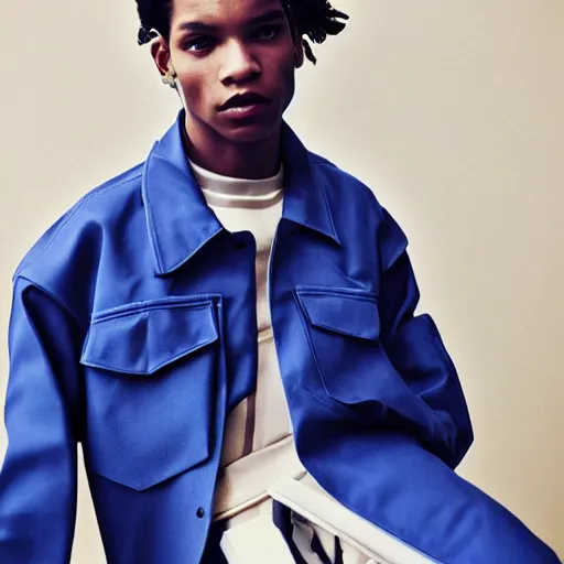 Image similar to realistic photoshooting for a new balenciaga lookbook color film photography of a beautiful woman model, model wears a workwear jacket, photo in style of tyler mitchell, ssense