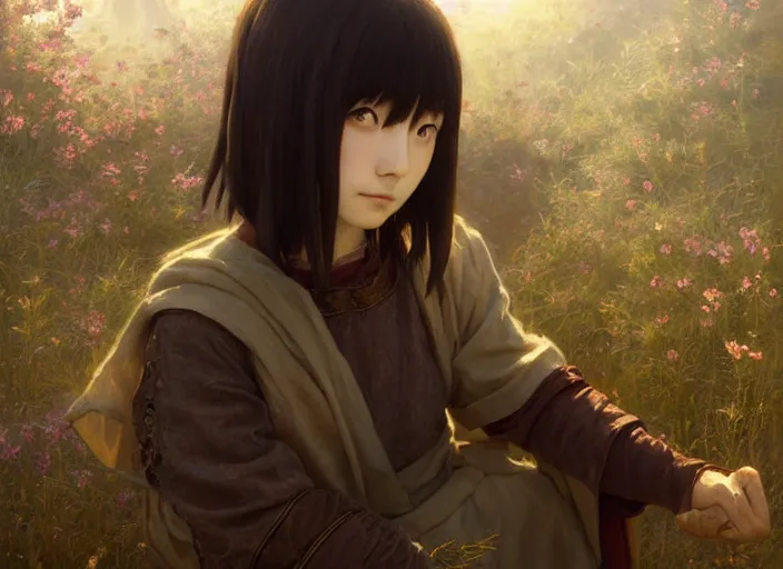 Image similar to lain iwakura from serial experiments lain as medieval peasant in spring wonderful masterpiece highly detailed scifi, beautiful cinematic light deep focus, elegant, digital painting, smooth, sharp focus, golden ratio, dramatic illumination, ultra realistic, 4 k, art by greg rutkowski wlop rossdraws