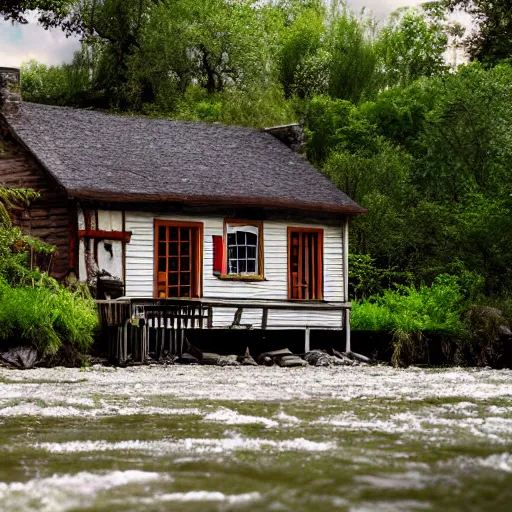 Prompt: a movie still of a river running past a cottage, by wes anderson, cinematic, uhd, 8k,