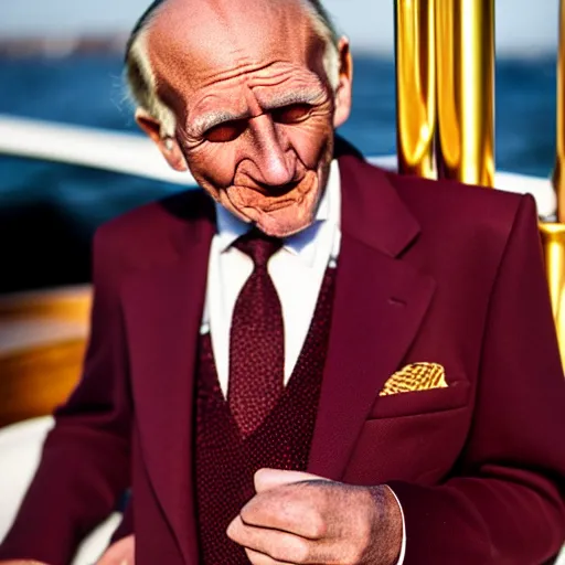 Image similar to wrinkled hunchbacked old man in burgundy suit polishing the side of a gold plated mega yacht