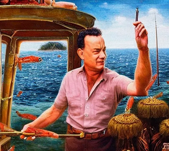 Image similar to Tom hanks as forrest fishing for shrimp in a giant shrimp boat, majestic beautiful world, surrealism painting, amazing detail