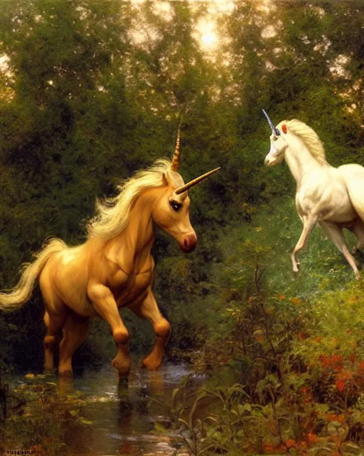 Prompt: a wild unicorn rears and points its hooves at an approaching wildcat, enchanted forest, painting by gaston bussiere, craig mullins, j. c. leyendecker