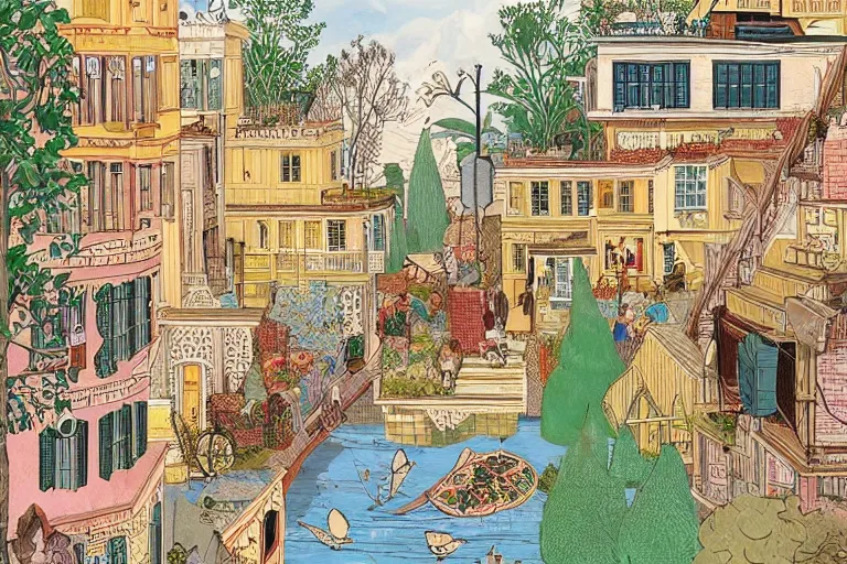 Prompt: an elaborate and dense painting of a beautiful peaceful neighborhood scene, detailed, made of alcohol ink on parchment and penned illustrations, by wes anderson!!!!!! and geoff darrow