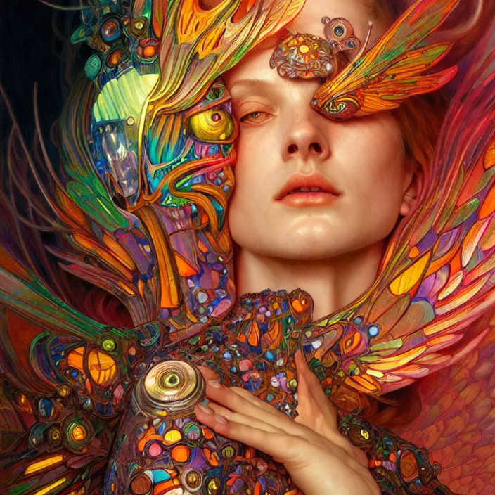 Image similar to bright psychedelic portrait of organic cyborg wings, diffuse lighting, fantasy, intricate, elegant, highly detailed, lifelike, photorealistic, digital painting, artstation, illustration, concept art, smooth, sharp focus, art by John Collier and Albert Aublet and Krenz Cushart and Artem Demura and Alphonse Mucha