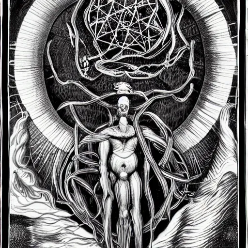 Image similar to A depiction of the symbolic alchemical experiences of the deep unconscious structures of the psyche, as it endlessly expands into forming new structures of the conscious mind