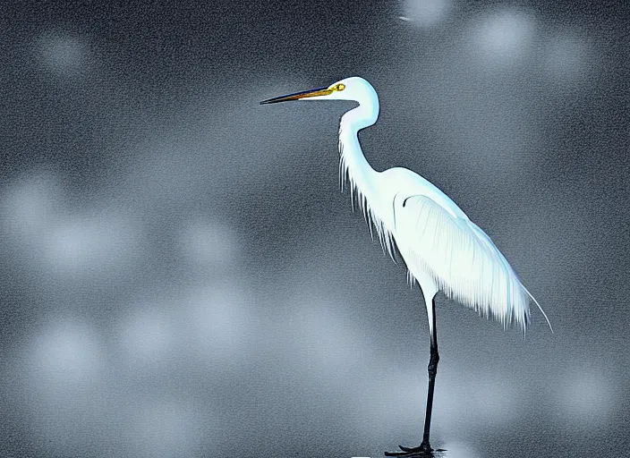 Prompt: an extremely detailed masterpiece photorealistic of a snowy egret in a rookery, in the style of brian bolland, digital art, unreal engine, volumetric lighting, dark moody lighting, epic scene