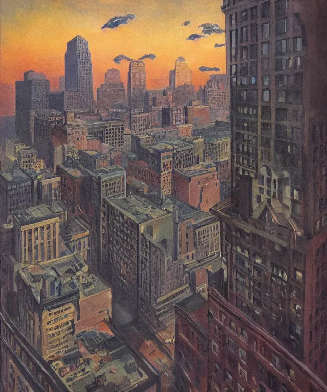 Image similar to horrifying full color photorealistic painting of the view from a 1 9 2 5 hotel terrace balcony overlooking a warped view of downtown 1 9 2 5 boston with a cosmic sky, dark, atmospheric, brooding, smooth, finely detailed, cinematic, epic, in the style of dave dorman