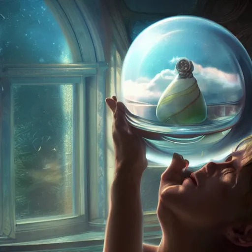 Image similar to crystal ball with a dreamscape inside, product studio photography, super highly detailed, professional digital painting, artstation, concept art, smooth, sharp focus, extreme illustration, unreal engine 5, photorealism, beautiful, cinematic, art by artgerm and rutkowski and alphonse mucha and loish and wlop