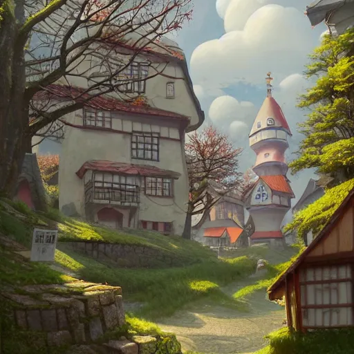 Image similar to gediminas pranckevicius concept art painting of a historic bakery with european and japanese architecture, in a woodland village surrounded by trees, realistic, detailed, cel shaded, in the style of makoto shinkai and greg rutkowski and james gurney