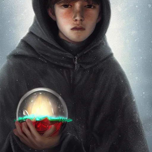 Prompt: A portrait of a young wizard in a dark cloak, he carries a snowglobe with humans trapped inside, emanating dimensional magic, artstation