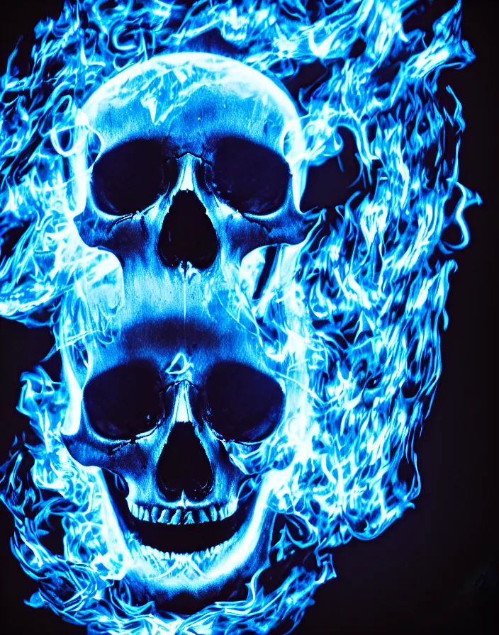 Image similar to photography of a skull with a blue flaming eye in the left orbit