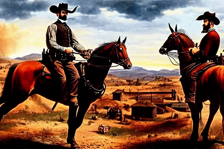 Prompt: an extremely detailed masterpiece photograph of a 1 8 9 0's gunslinger on his horse gun in hand while overlooking an old west town, epic scene, cinematic lighting, silverado production, 8 k