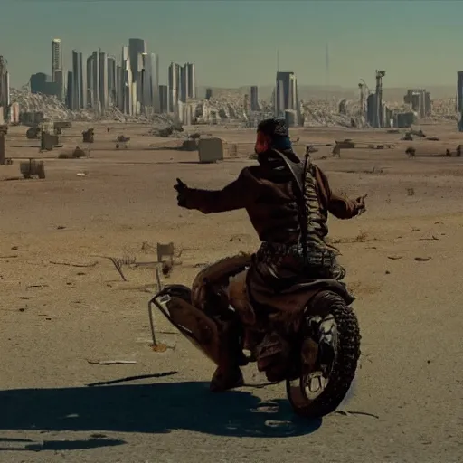 Image similar to Post Apocalyptic scavenger riding a motorcycle in a large desert with a damaged city in the background, 4k