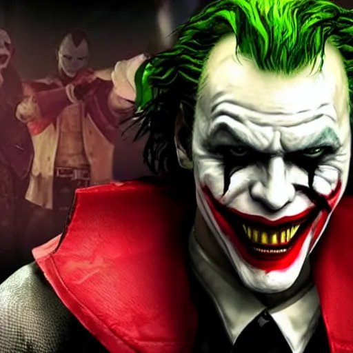 Image similar to heath ledger joker in tekken 7, gameplay, fighting, crazy,