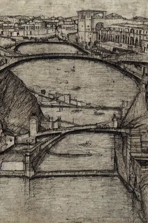 Image similar to trajan's bridge, also called bridge of apollodorus over the danube, sketch made by leonardo davinci, super detailed sketch, amazing details, ancient parchment,