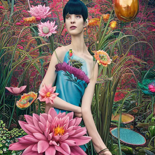 Image similar to pretty model with botanical and water lilies : : by martine johanna and simon stalenhag and chie yoshii and casey weldon and wlop : : ornate, dynamic, particulate, rich colors, intricate, elegant, highly detailed, vogue, harper's bazaar art, fashion magazine, smooth, sharp focus, 8 k, octane render