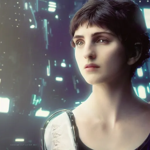 Prompt: beautiful Fine art photo of a young enraptured Enya as a cyberpunk robotic godess, photorealistic, centered, highly detailed and intricate, sun lighting, in the movie A.I. 8k