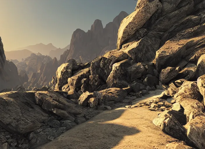 Image similar to pathway between two mountains both sides, rocks unreal engine render