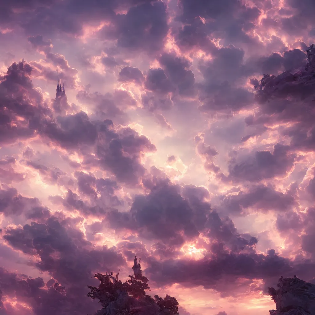 Prompt: fantasy in sky with air magic, at gentle dawn pink light, cinematic lighting, volumetric lighting, smooth, sharp focus, highly detailed, render in unreal engine 5, artstation, deviantart, behance, trending,, epic composition, hd, octane, unreal engine, volumetric lighting, light rays, masterpiece, award - winning