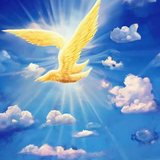 Image similar to bright blu sky. fluffy clouds. angels with big wings wake - up