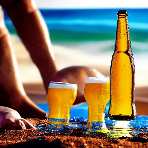 Image similar to a photo of a bottle of beer, product photo, splashes of liquid, beach background with young people having fun, energetic, delicate by marcel christ