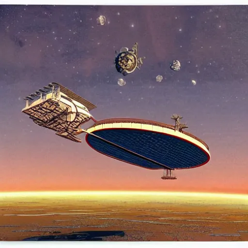 Prompt: distant view of abandoned beautiful space station floating in empty space, jean giraud, terran trade authority