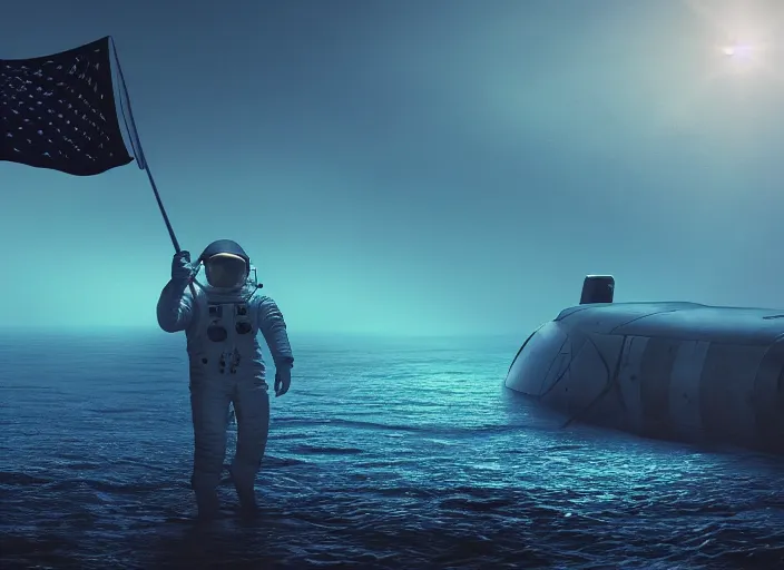 Image similar to astronaut holding a flag in an underwater desert. a submarine is visible in the distance. dark, concept art, cinematic, dramatic, atmospheric, 8 k, trending on artstation, blue, fish, low visibility, fog, ocean floor, christopher nolan, interstellar