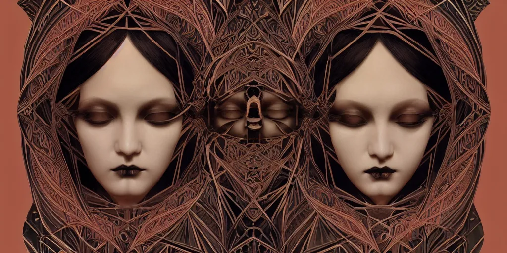 Image similar to breathtaking detailed concept art painting art deco pattern of goth twin faces goddesses amalgamation symmetric, by hsiao - ron cheng, bizarre compositions, exquisite detail, extremely moody lighting, 8 k