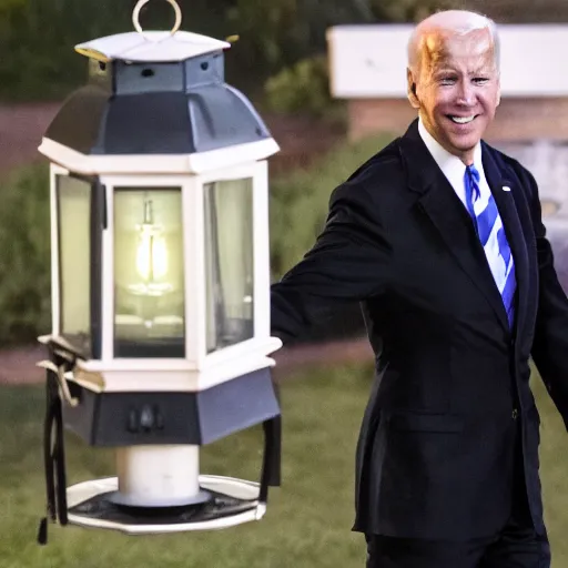 Prompt: horror Joe Biden carrying a lantern in a dark coat red eyes dark horror