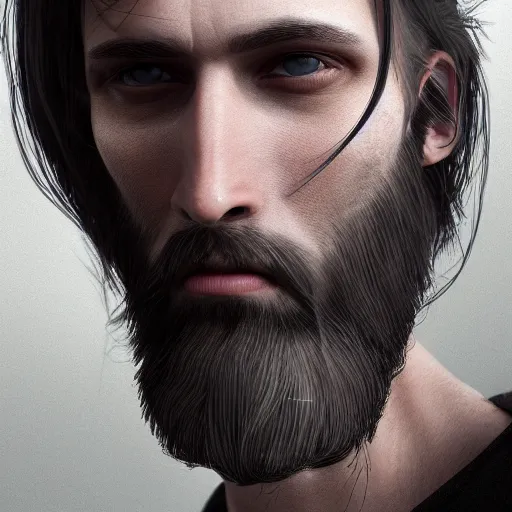 Image similar to a highly detailed portrait of a man without a beard, purple eyes, light gray long hair, wearing a black cloak, artstation, DeviantArt, professional, octane render