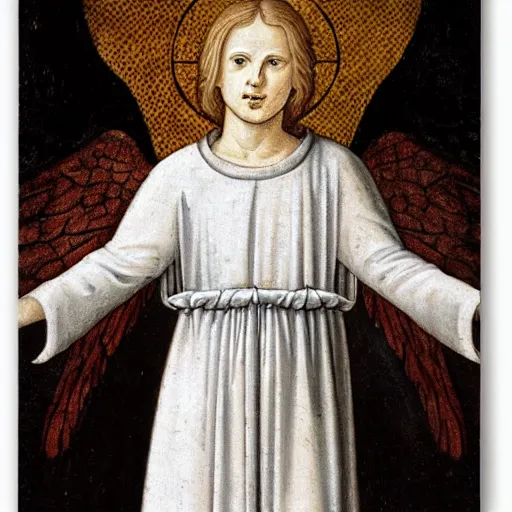 Prompt: realistic medieval painting portrait of white angel with clean narrow face like noface, 3 / 4, miracle light coming up from the head up and up, misty space, grace and blessing, sfumato effect, by by bill stoneham, renaissance, christianity, marble stone, glow effect, white background