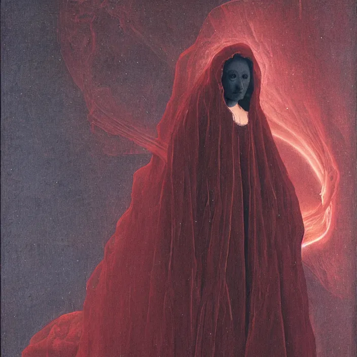 Prompt: a closeup portrait of a cloaked woman floating next to an squid nebula, squid nebula, by jan van eyck