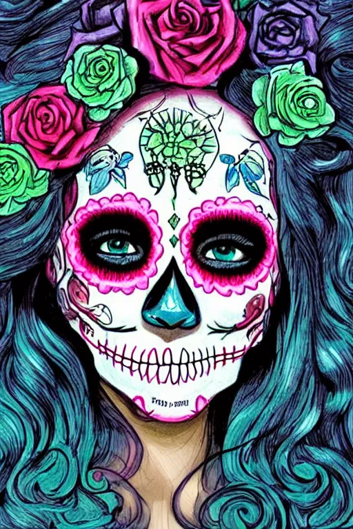 Prompt: illustration of a sugar skull day of the dead girl, art by jim lee
