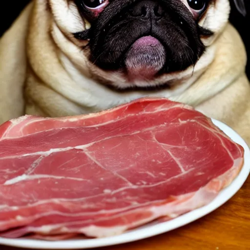 Image similar to fat pug eating a slice of ham