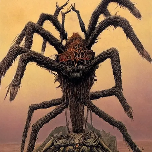 Image similar to horrific giant spider morphed with a wolf, perched on giant web spread across buildings, highly detailed beksinski and hr giger art