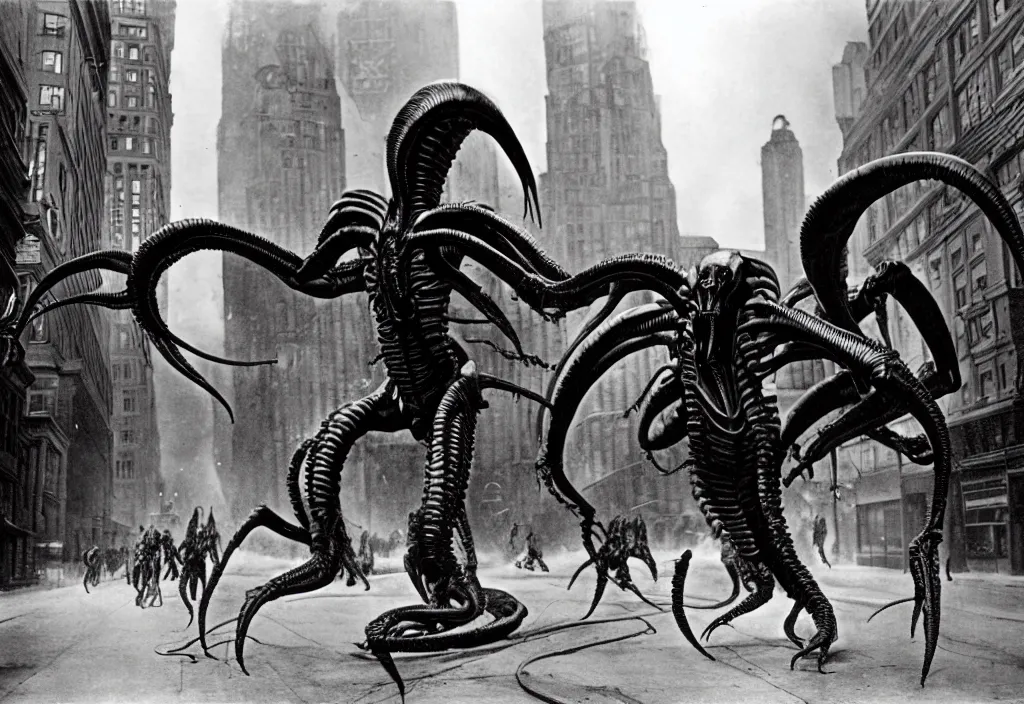 Prompt: old black and white photo, 1 9 1 3, depicting a xenomorph from the movie aliens rampaging through the bustling streets of toronto, historical record