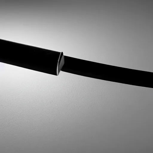 Image similar to Katana made out of a water Blade reflecting all light, white background with shadows, 40nm lens, shallow depth of field,