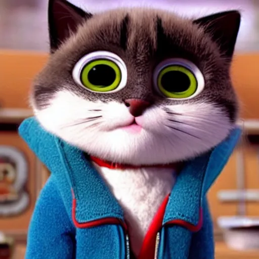 Prompt: a cute cat with cool rock jacket as role in film sing, by illumination entertainment