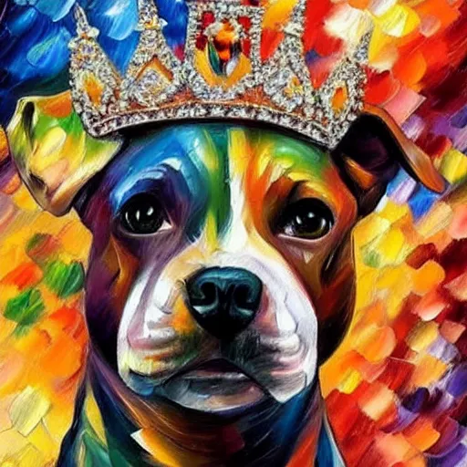 Prompt: painting of a mini pitbull wearing a crown and jewelry by Leonid Afremov