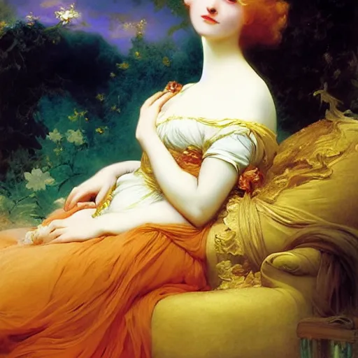 Image similar to blonde beautiful sleeping princess by franz xaver winterhalter and delphin enjolras and rebecca guay