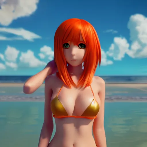Image similar to render as a very beautiful 3d anime girl, short orange red hair, hazel eyes, full round face, short smile, cute bikini, serene beach setting, cinematic lightning, medium shot, mid-shot, highly detailed, trending on Artstation, Unreal Engine 4k, cinematic wallpaper